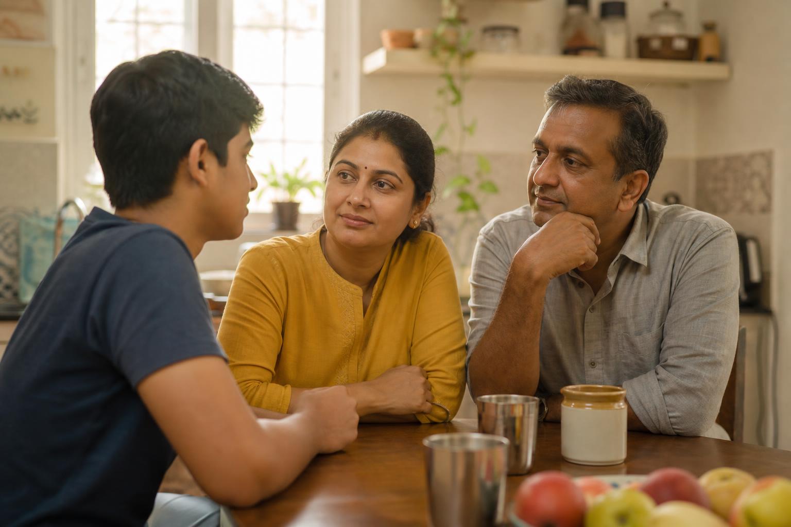 An Indian family sharing a calm conversation at home