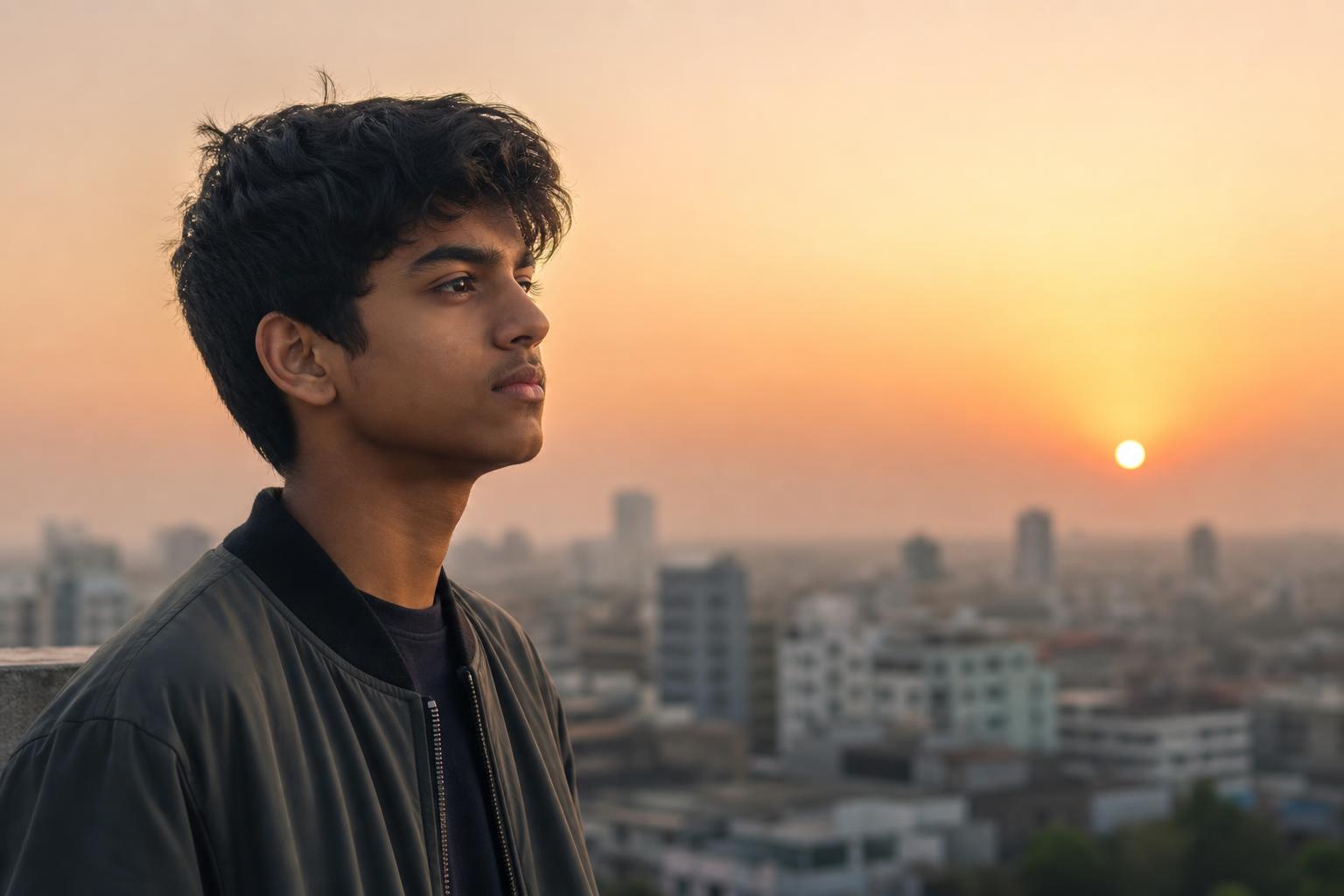 A confident teenager looking out at the city at sunset